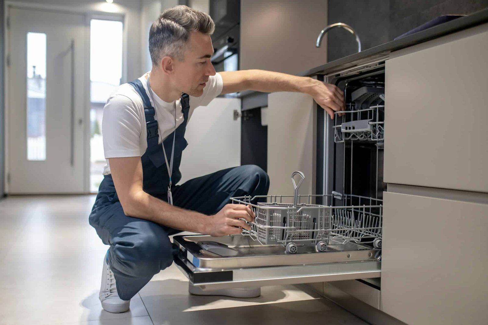 Man carefully examining an open dishwasher during residential kitchen appliance repair in Chicago.