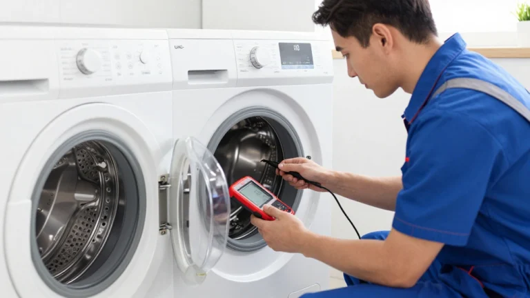 Professional appliance repair technician inspecting an open washing machine housing with diagnostic tools in a home.