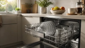 Modern stainless steel dishwasher open in a clean kitchen showing sparkling clean dishes on the upper rack.