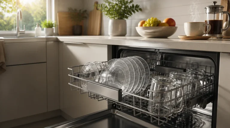 Modern stainless steel dishwasher open in a clean kitchen showing sparkling clean dishes on the upper rack.