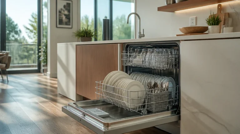 Modern kitchen featuring an open stainless steel dishwasher loaded with sparkling clean plates and glassware.