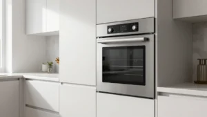 Modern stainless steel electric oven integrated into custom kitchen cabinetry in a bright home kitchen.