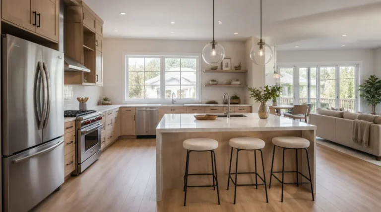 Bright and spacious modern open-concept kitchen featuring clean stainless steel appliances.