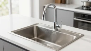 Clean stainless steel kitchen sink basin with a modern faucet in a bright home kitchen setting.