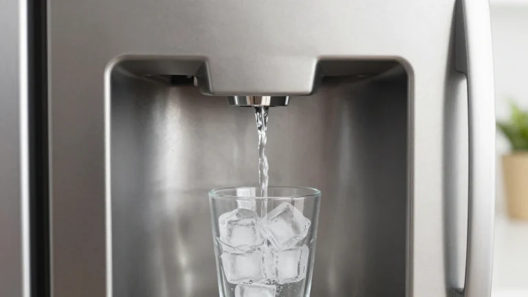 Clear fresh ice cubes tumbling into a glass beneath a modern refrigerator water and ice dispenser.