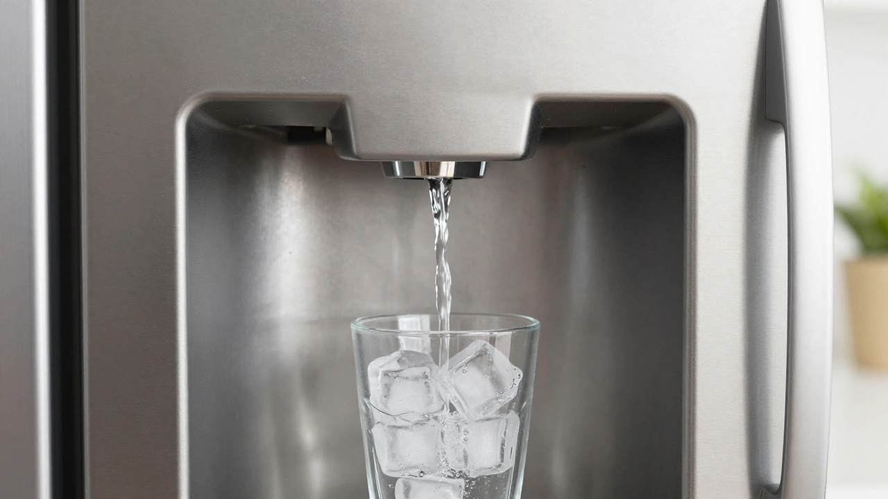 Clear fresh ice cubes tumbling into a glass beneath a modern refrigerator water and ice dispenser.