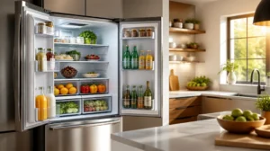 Modern clean kitchen showcasing an open stainless steel refrigerator stocked with fresh produce and groceries.