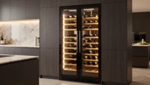 Sleek built-in wine cooler with glass door showing illuminated shelves stocked with wine bottles.